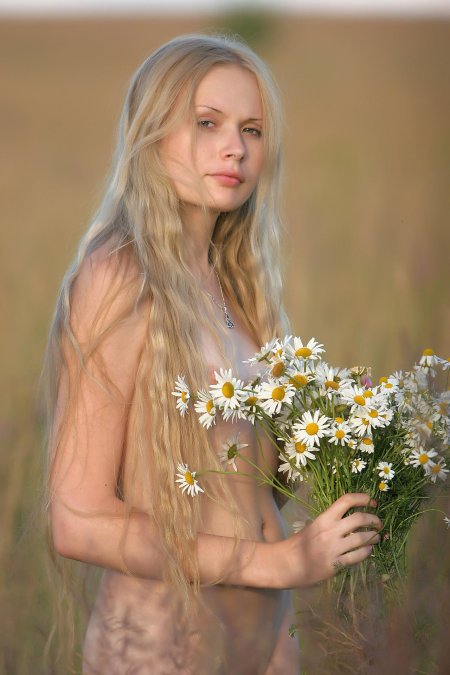 Нагая девушка с ромашками