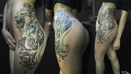 Тату лев на бедре у девушек