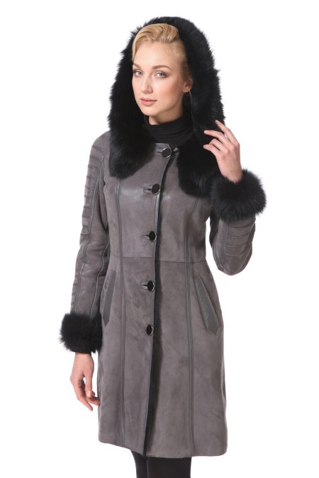Дубленка женская серая с капюшоном