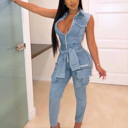 Джинсовый обтягивающий комбинезон с длинным рукавом